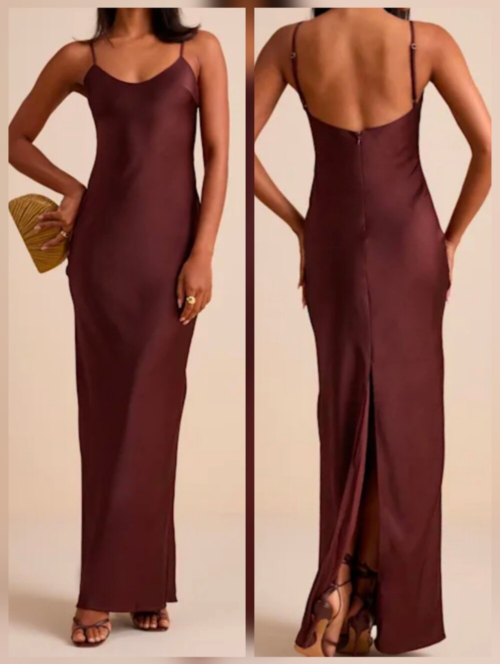 Lulus Janet Brown Satin Slip Low-Cut Back Maxi Dress - Size XS - NWT!